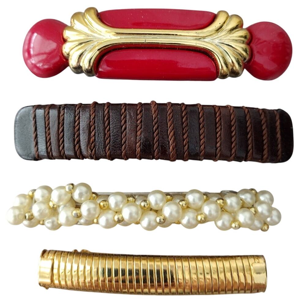 Vintage 80s/90s LOT of Hair Clip Barrettes Red/Gold, Leather, Pearl, & Gold Bar